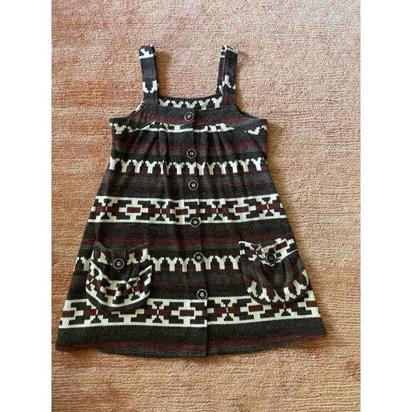 Women’s Boho Knit Mini Sleeveless Tunic Geometric Print Button Up Two Pockets - Picture 2 of 7